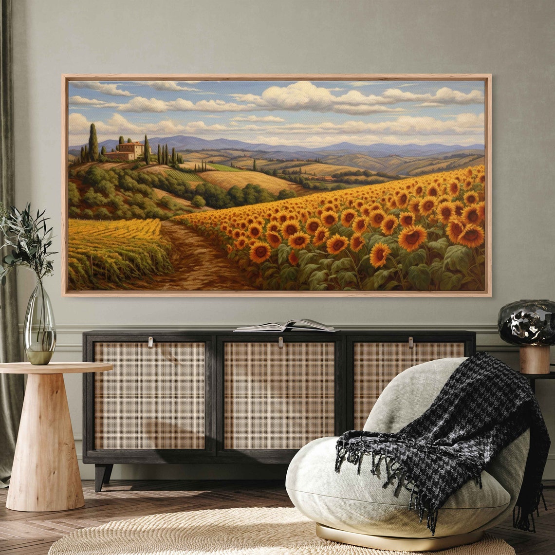 Tuscany Sunflower Fields Hillside Villa Cypress Trees Travel Poster