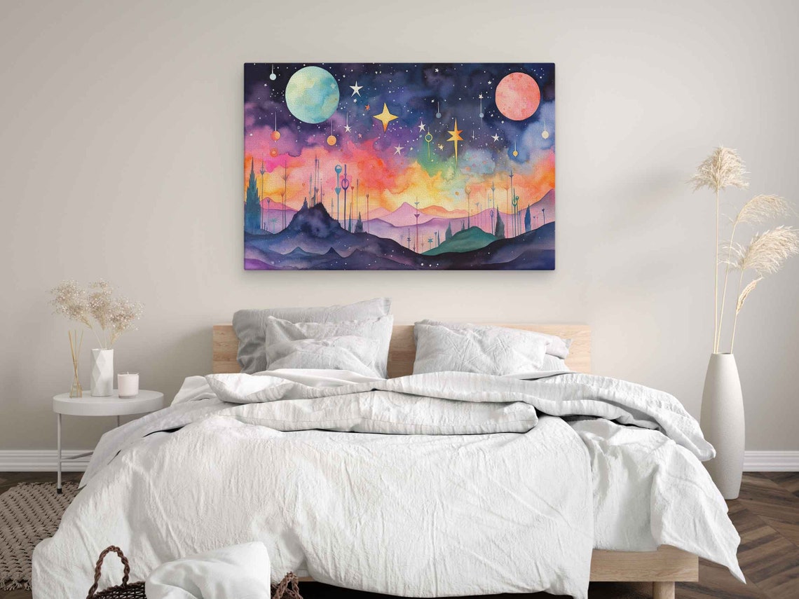 Starry Celestial Mountains With Hanging Stars And Twin Moons Print - Image 3