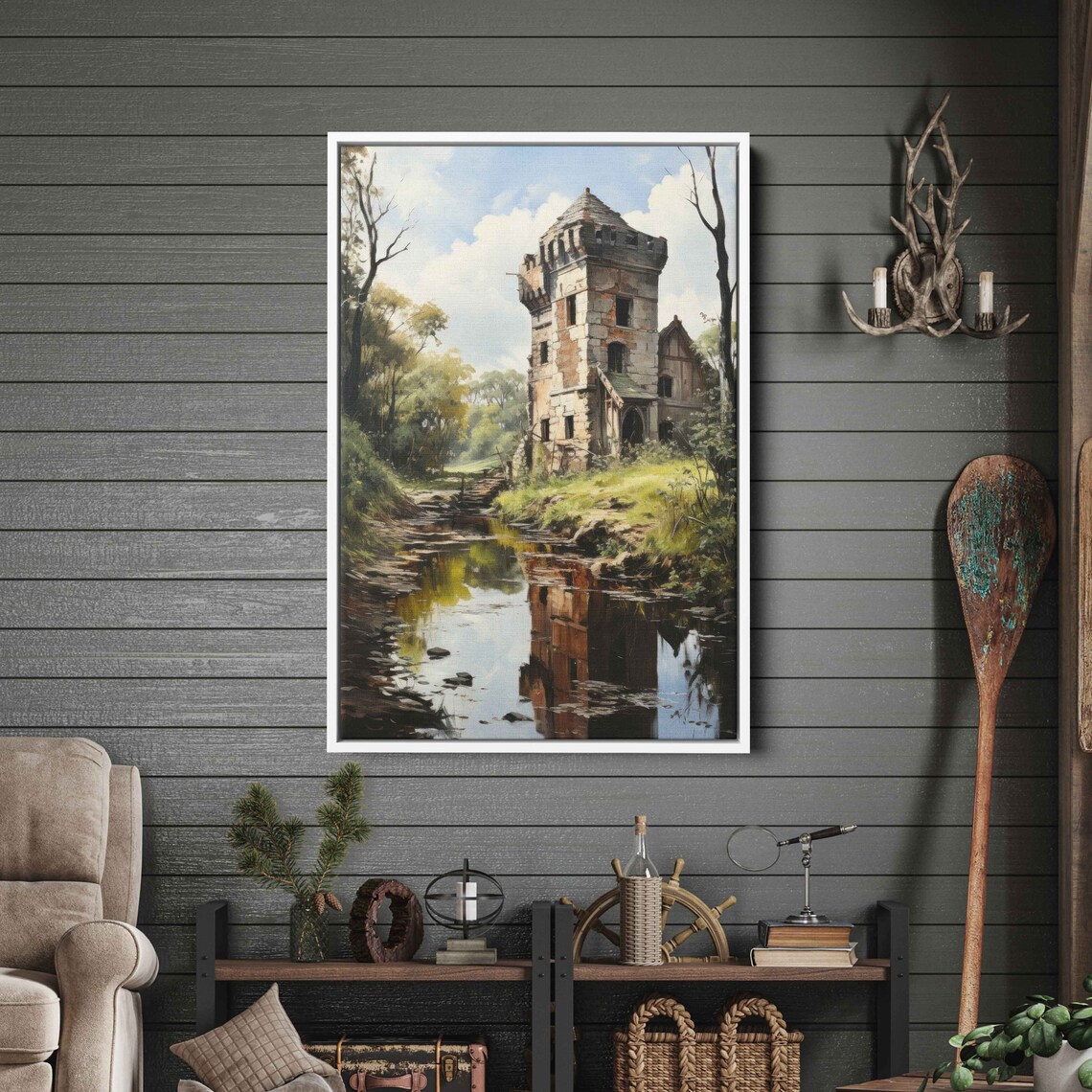 Dense Foggy Forest Painting Wall Art Print Nature Steps Walkway Dilapidated Old Tower Ready To Hang - Image 2