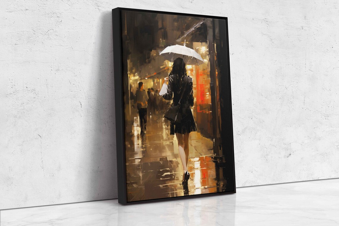 Woman White Umbrella Rainy Night Street Impressionist Painting Wall Art Print - Image 4