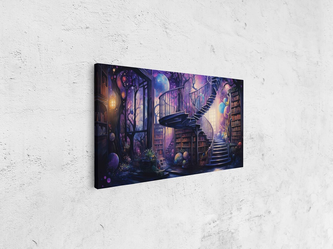 Spiral Staircase Cosmic Library Purple Night Sky Fantasy Book Room Poster - Image 4