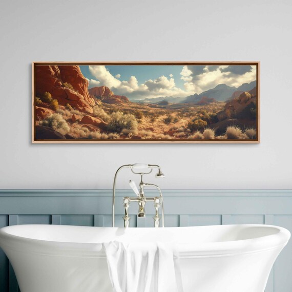 Southwestern Red Rock Canyon Wall Art Print Sagebrush Warm Sunlight Fluffy Clouds
