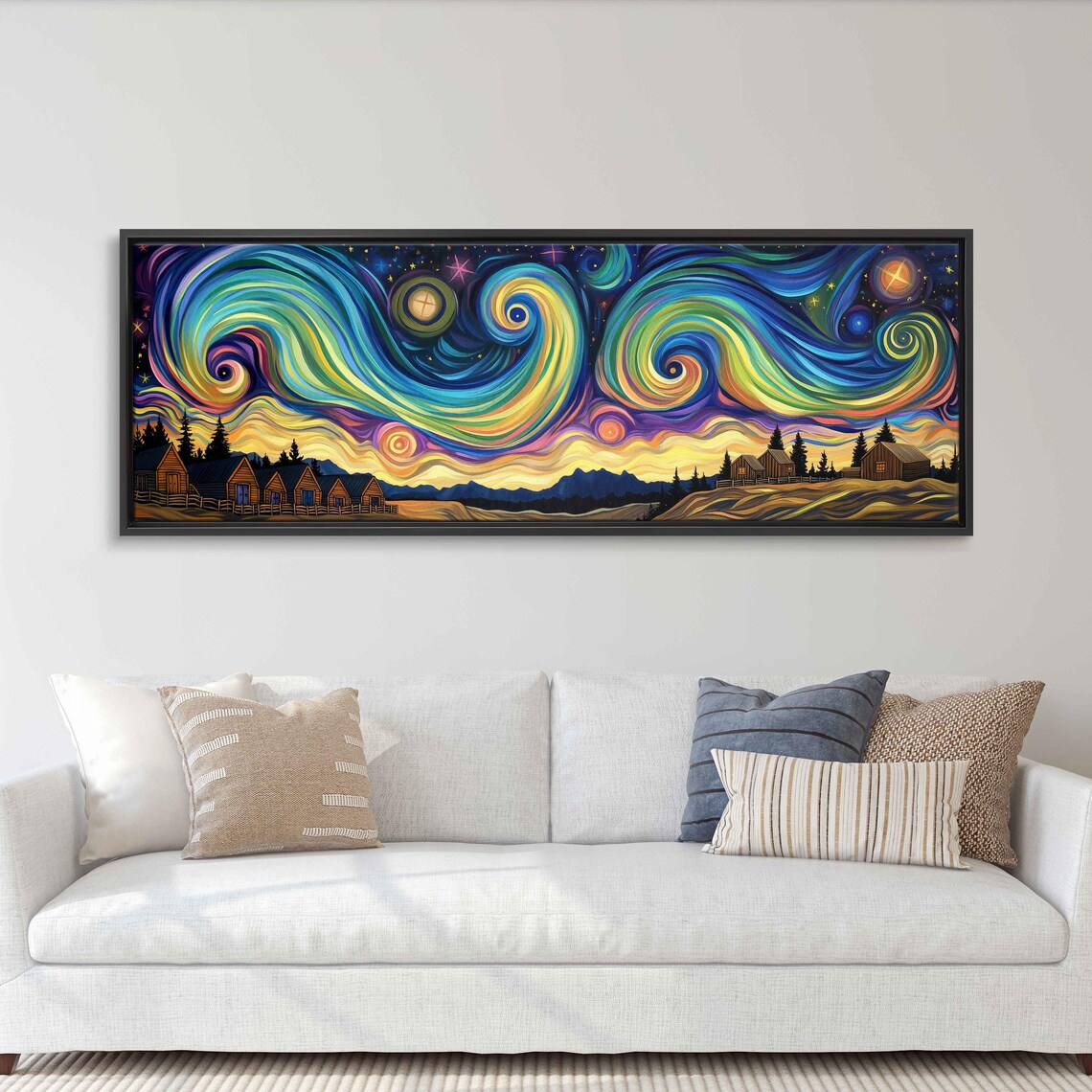 Psychedelic Rainbow Aurora Swirls Over Village Cabins Starry Night Poster - Image 3