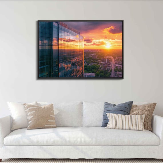 New York Skyscraper At Sunset Wall Art Print Architecture Cloudy Skies Office Painting Ready To Hang