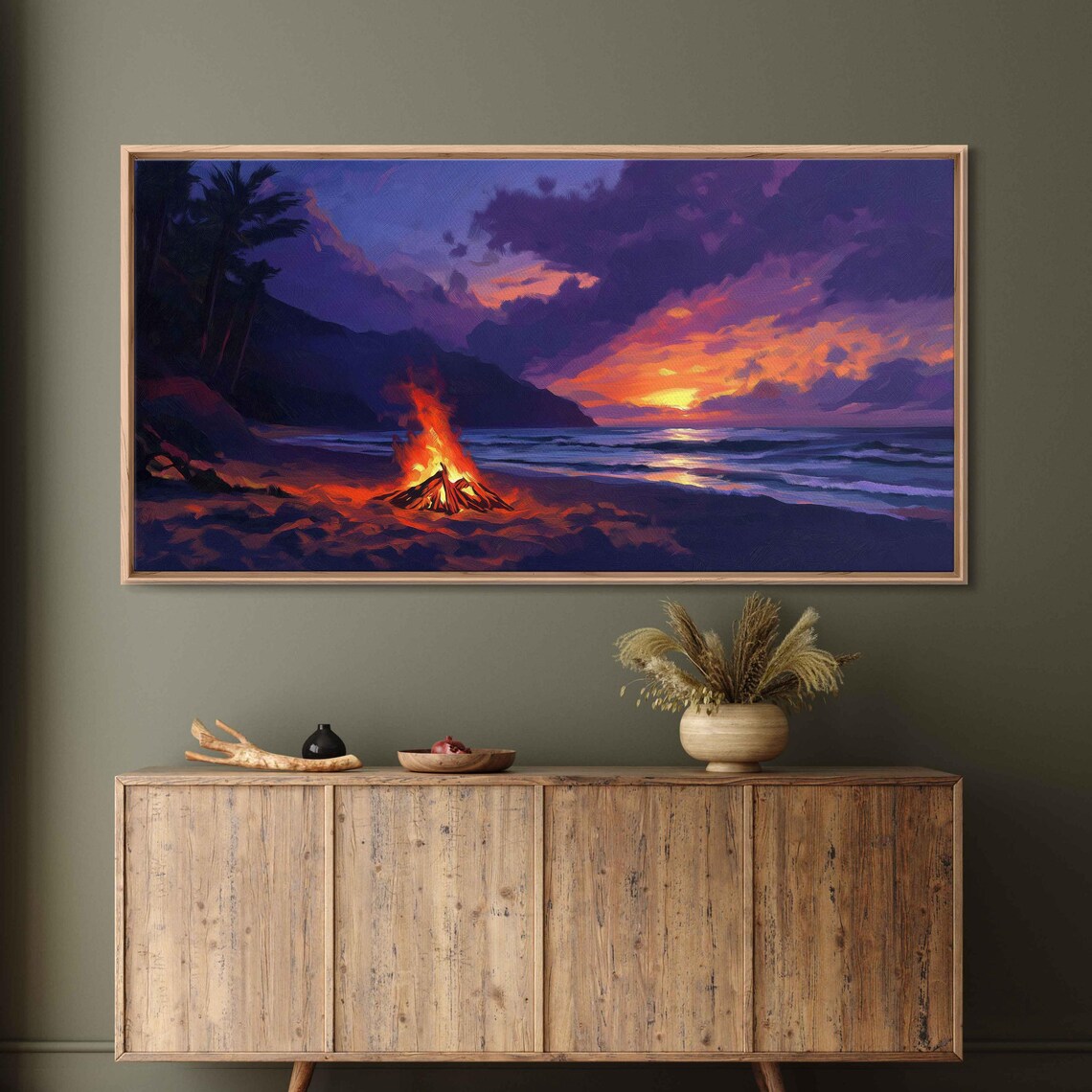 Beach Bonfire At Sunset Palm Trees Purple Orange Sky Travel Poster - Image 3