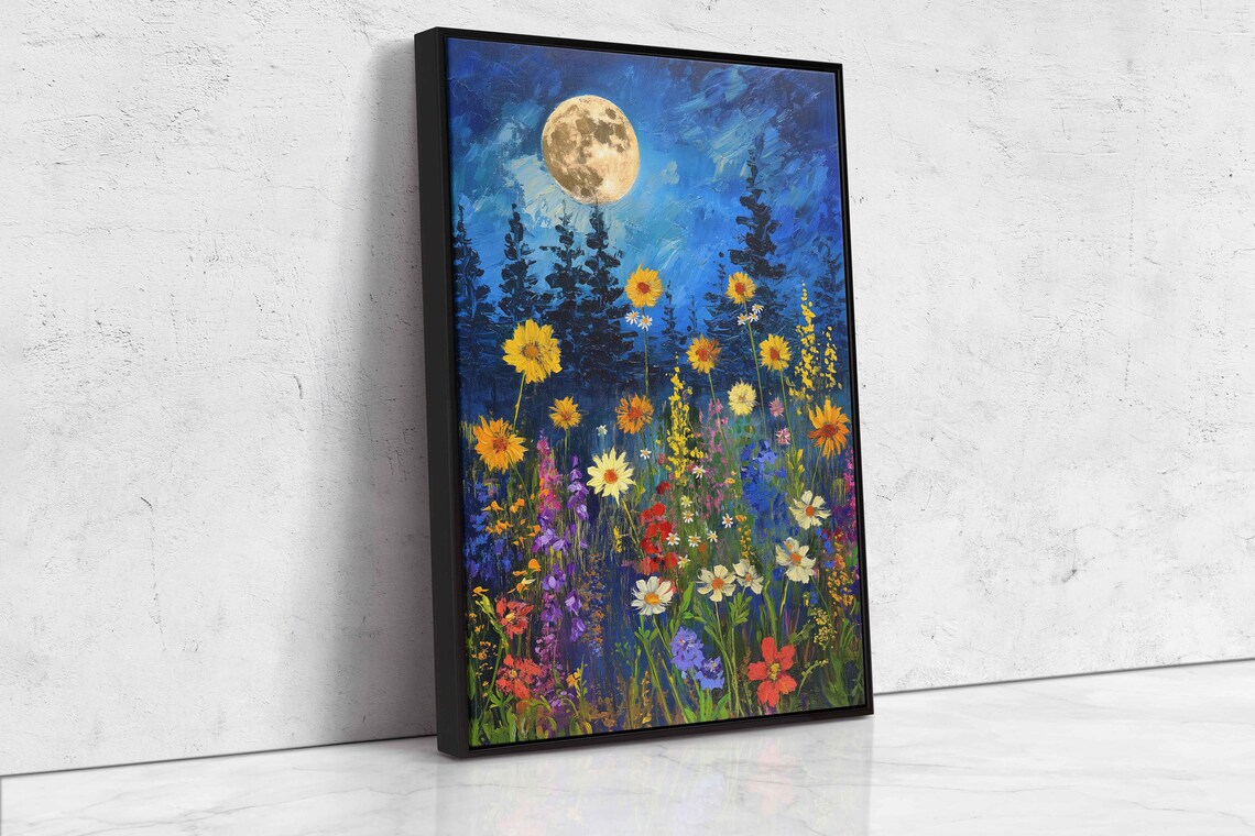 Full Moon Vibrant Wildflower Field Starry Night Meadow Painting Art Poster - Image 4