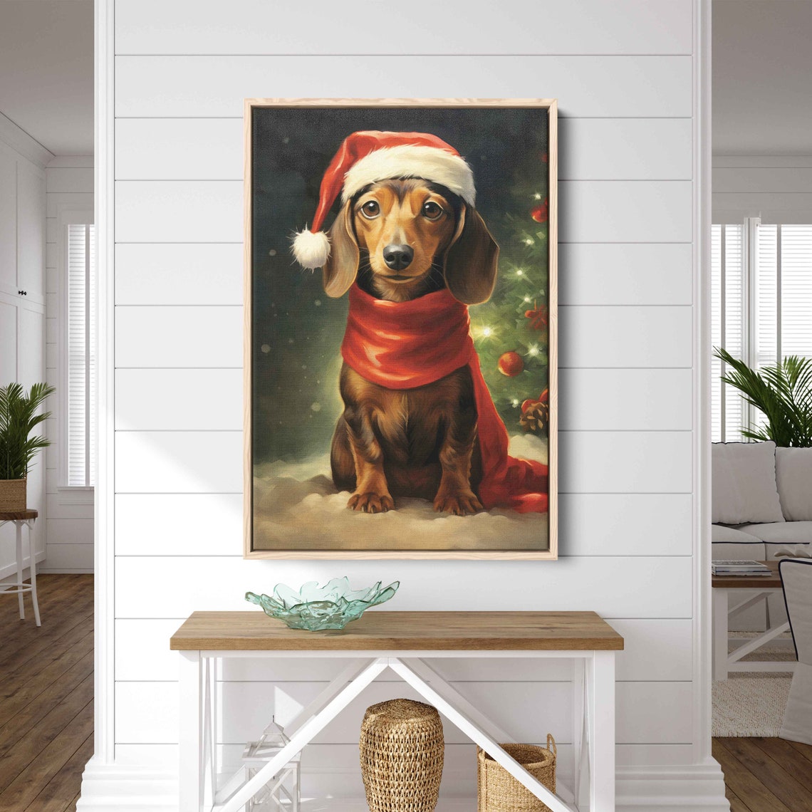 Cute Dachshund in Santa Hat Red Cape Snowy Christmas Day Poster - Image 3