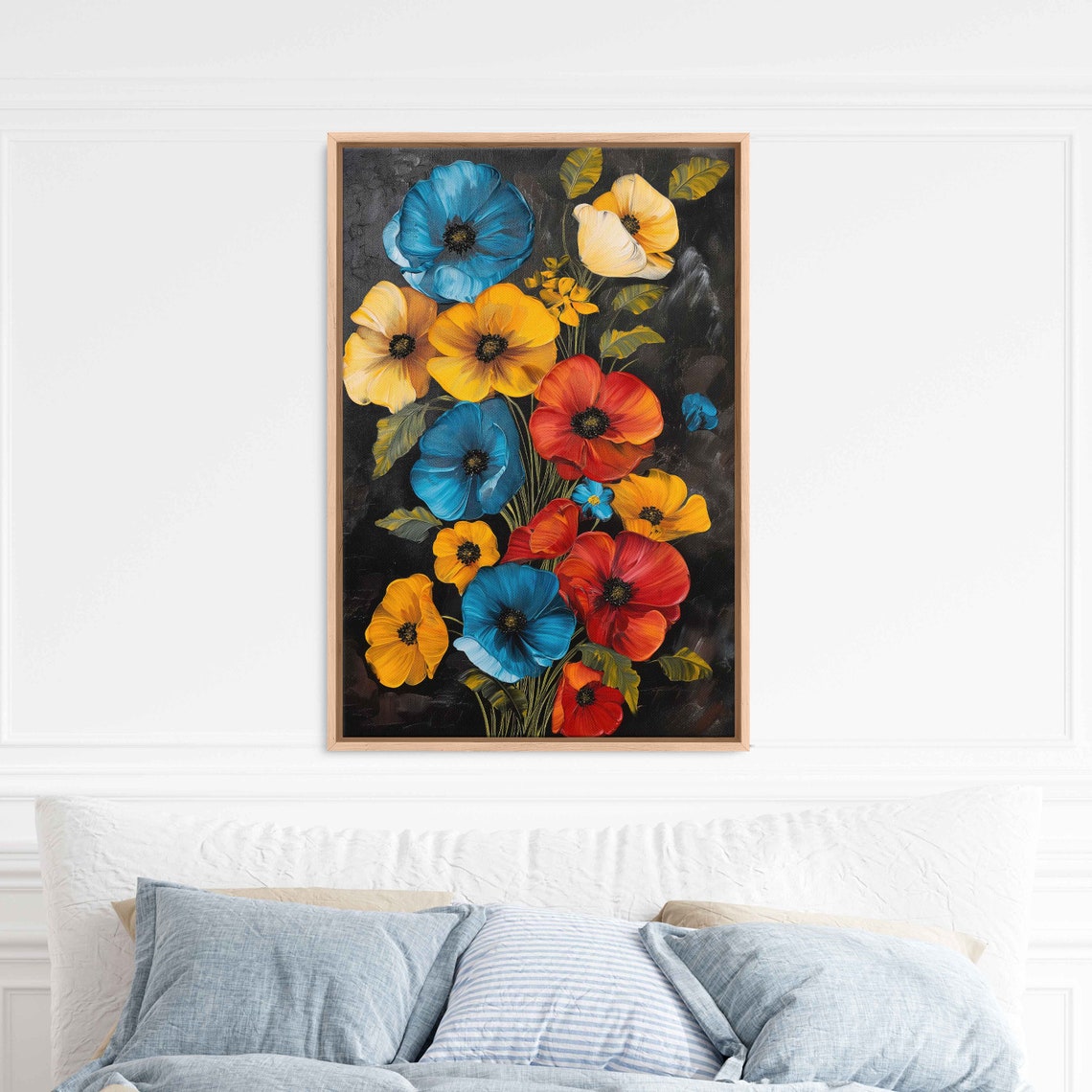 Poppy Bouquet Blue Yellow Red Blooms Dark Background Painting Poster - Image 3