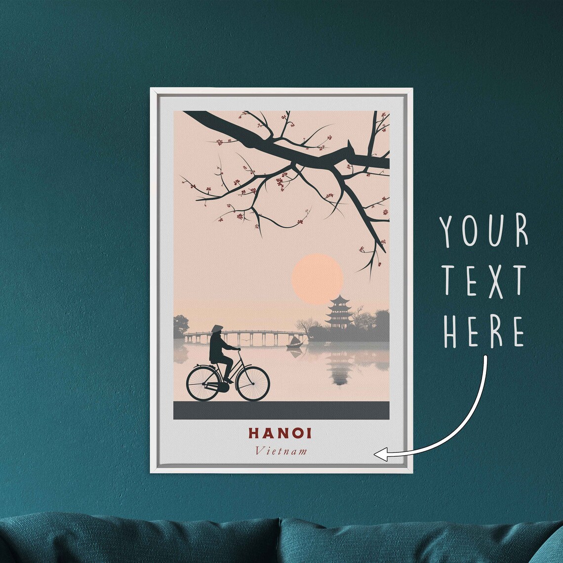 Hanoi Vietnam Cyclist Blossom Pagoda Lake Sunset Travel Poster