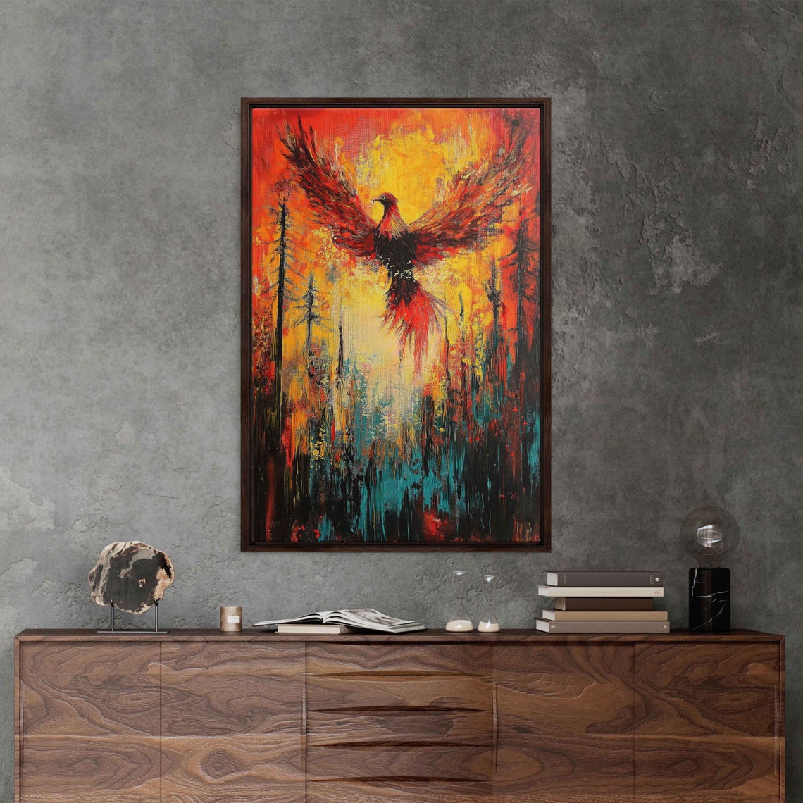 Fiery Phoenix Rising From Ashes Burning Forest Wings Art Poster