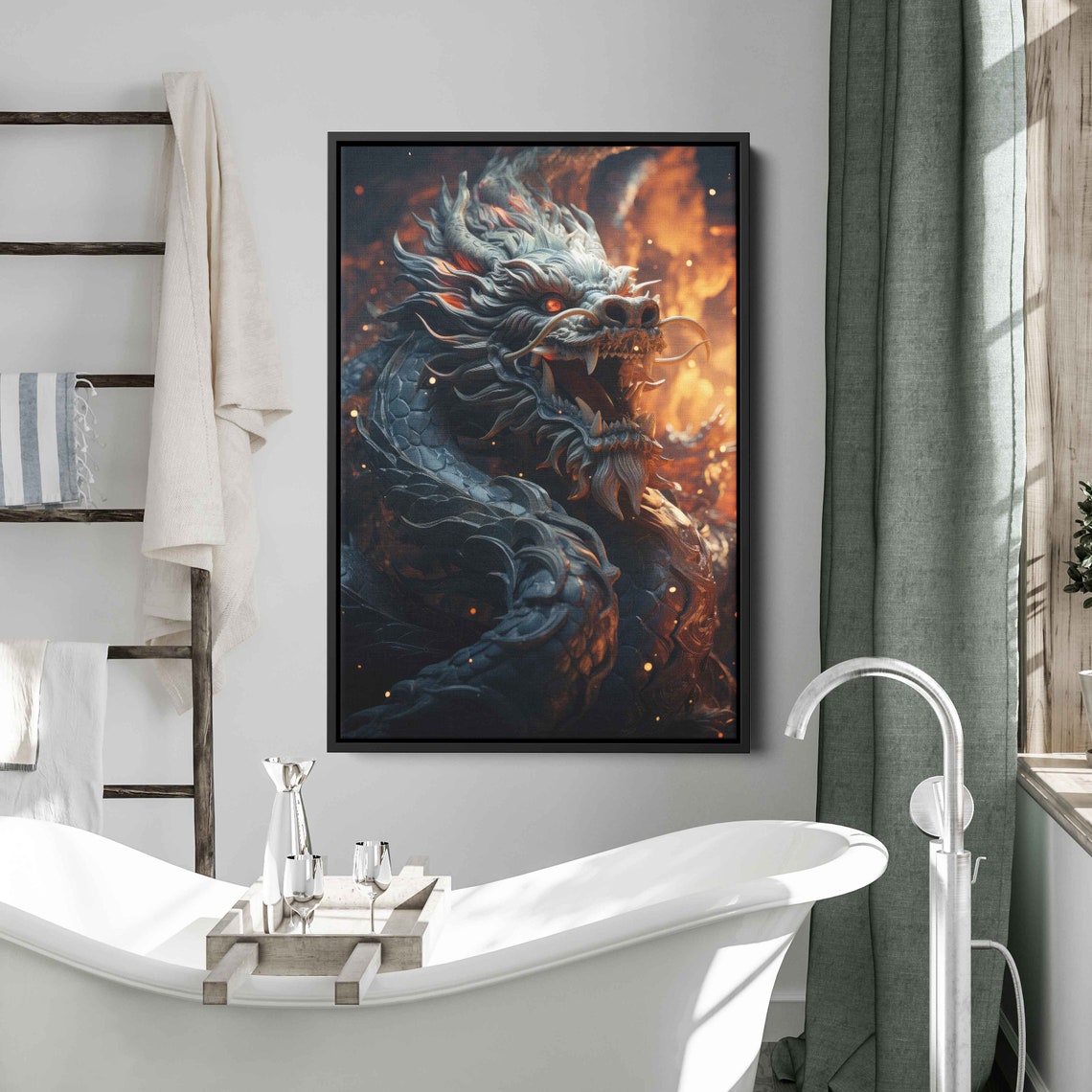Fierce Chinese Dragon Fire Flames Dramatic Mythical Wall Art - Image 2
