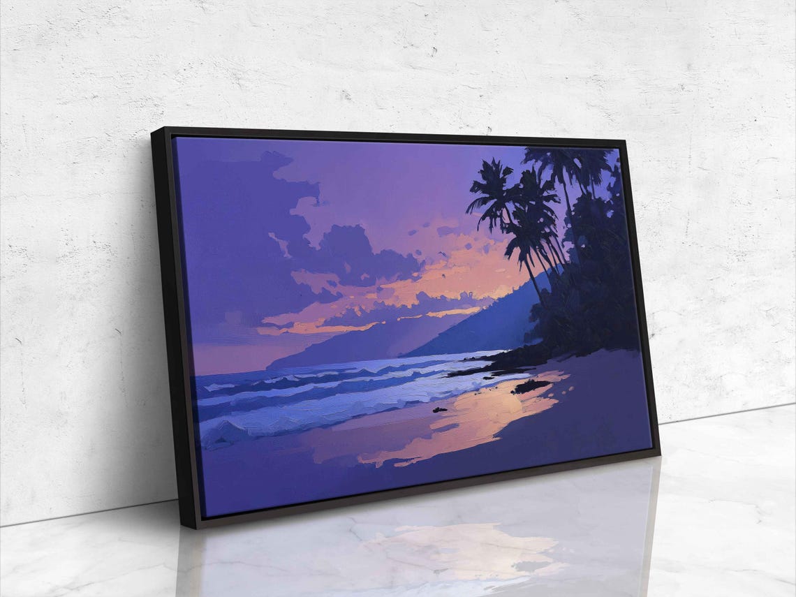 Tranquil Beach Scene At Dusk Wall Art Print Silhouetted Palm Trees Soft Purples And Blues - Image 4