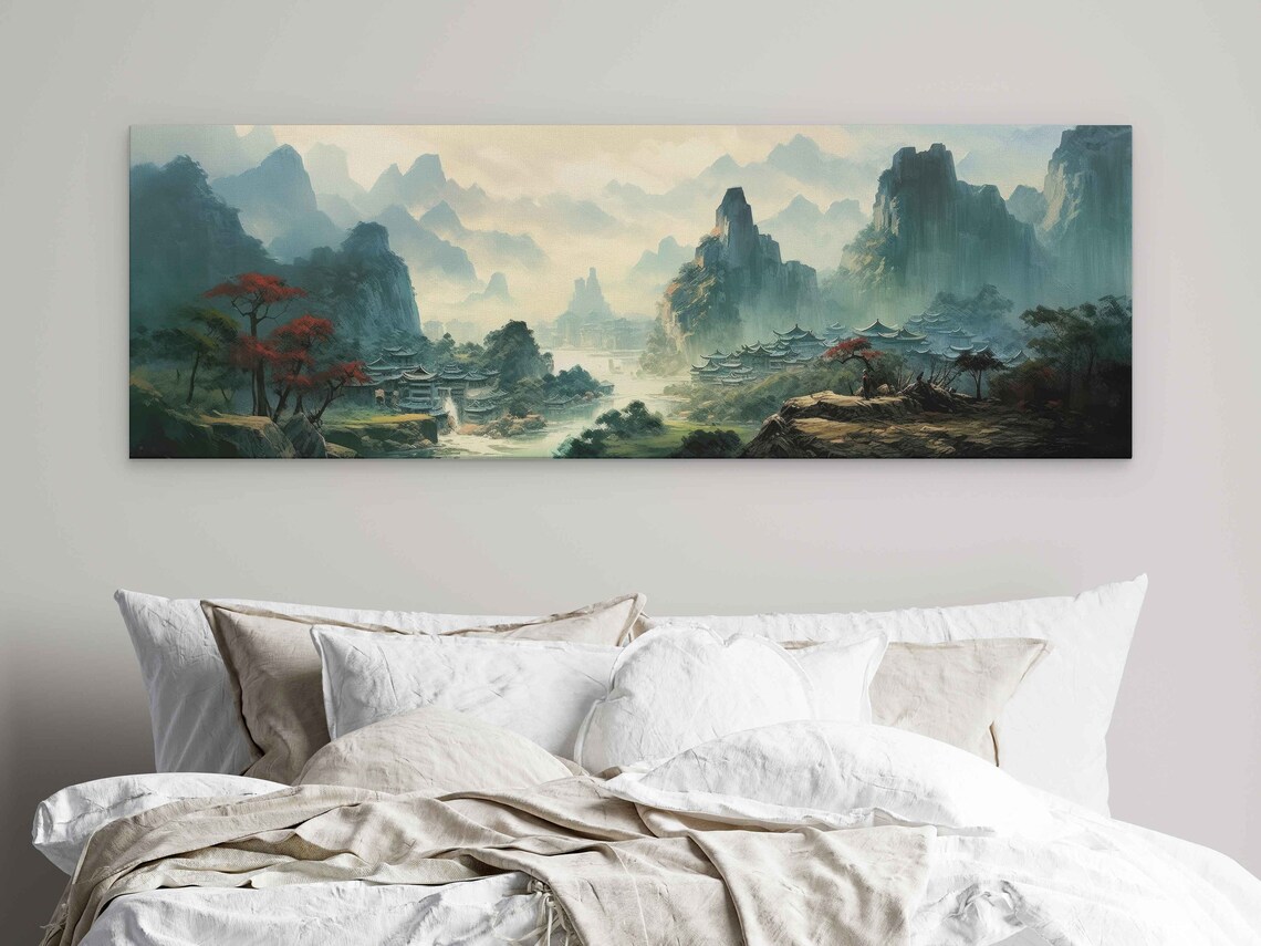 Japanese Village Oil Painting, Foggy Skies Art Print