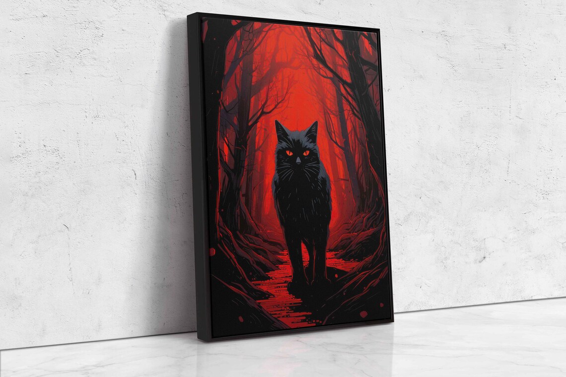Black Cat Red Eyes In Blood Red Moonlit Forest Halloween Art Poster - Image 4