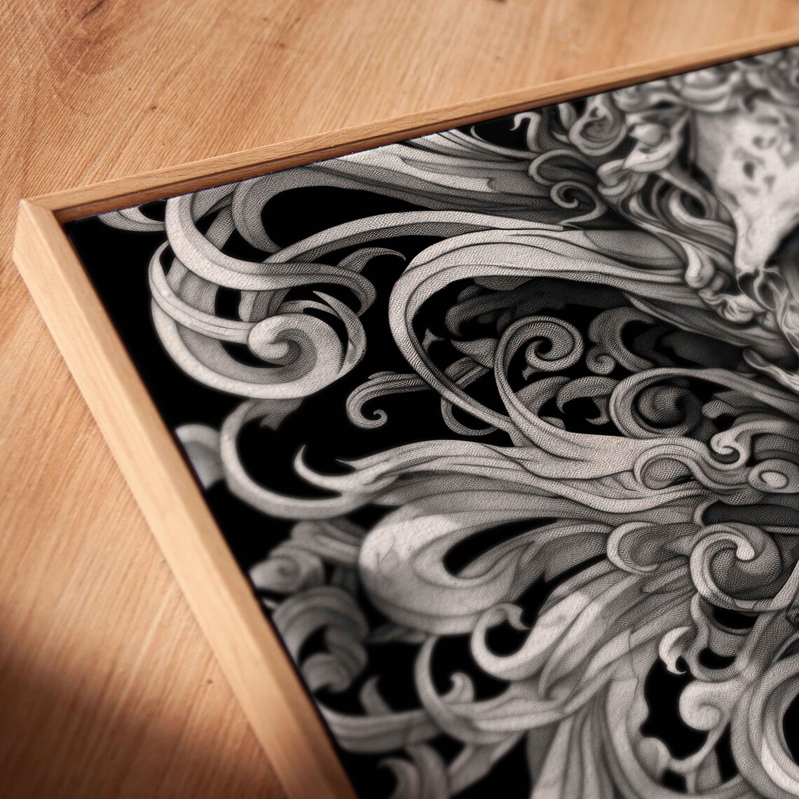 Gothic Skull Baroque Swirling Filigree Monochrome Ink Halloween Wall Poster - Image 2