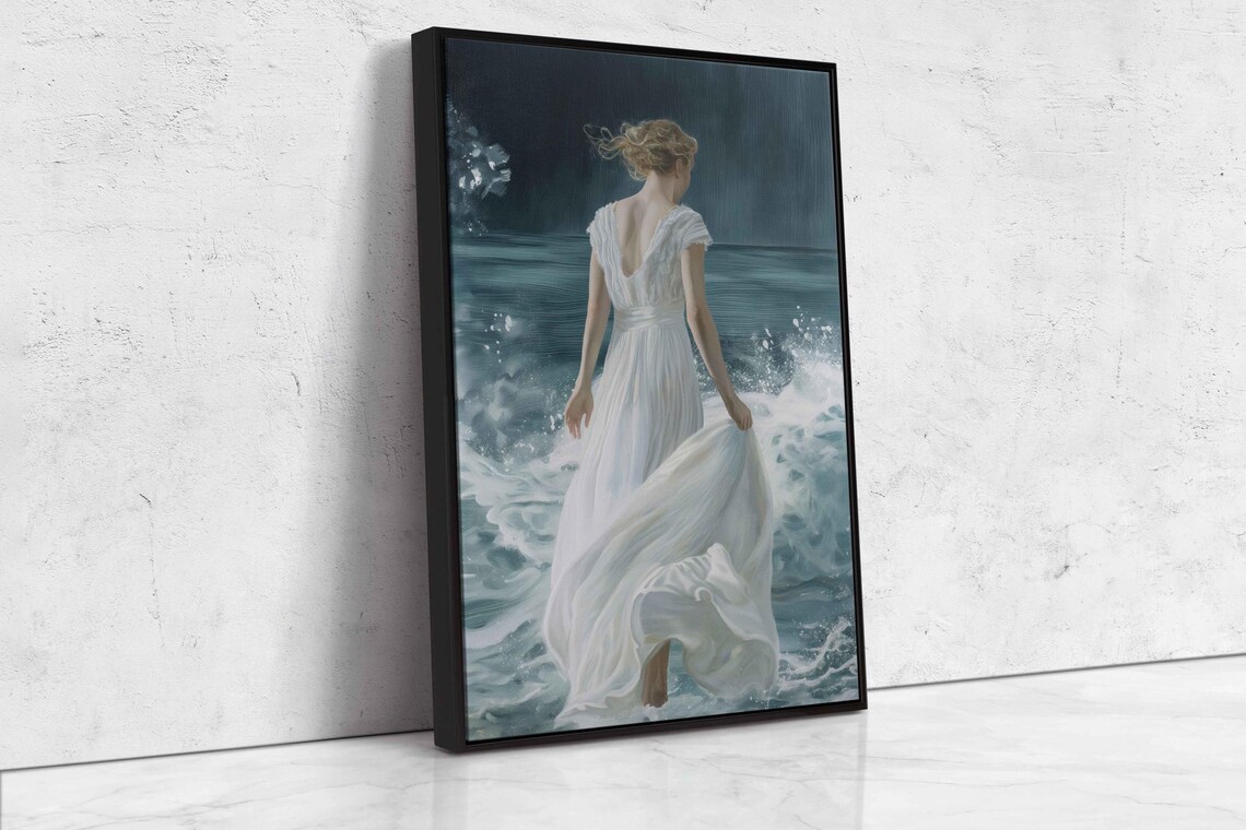 Goddess Aphrodite In White Gown Walking Into Moonlit Ocean Waves Art Poster - Image 4