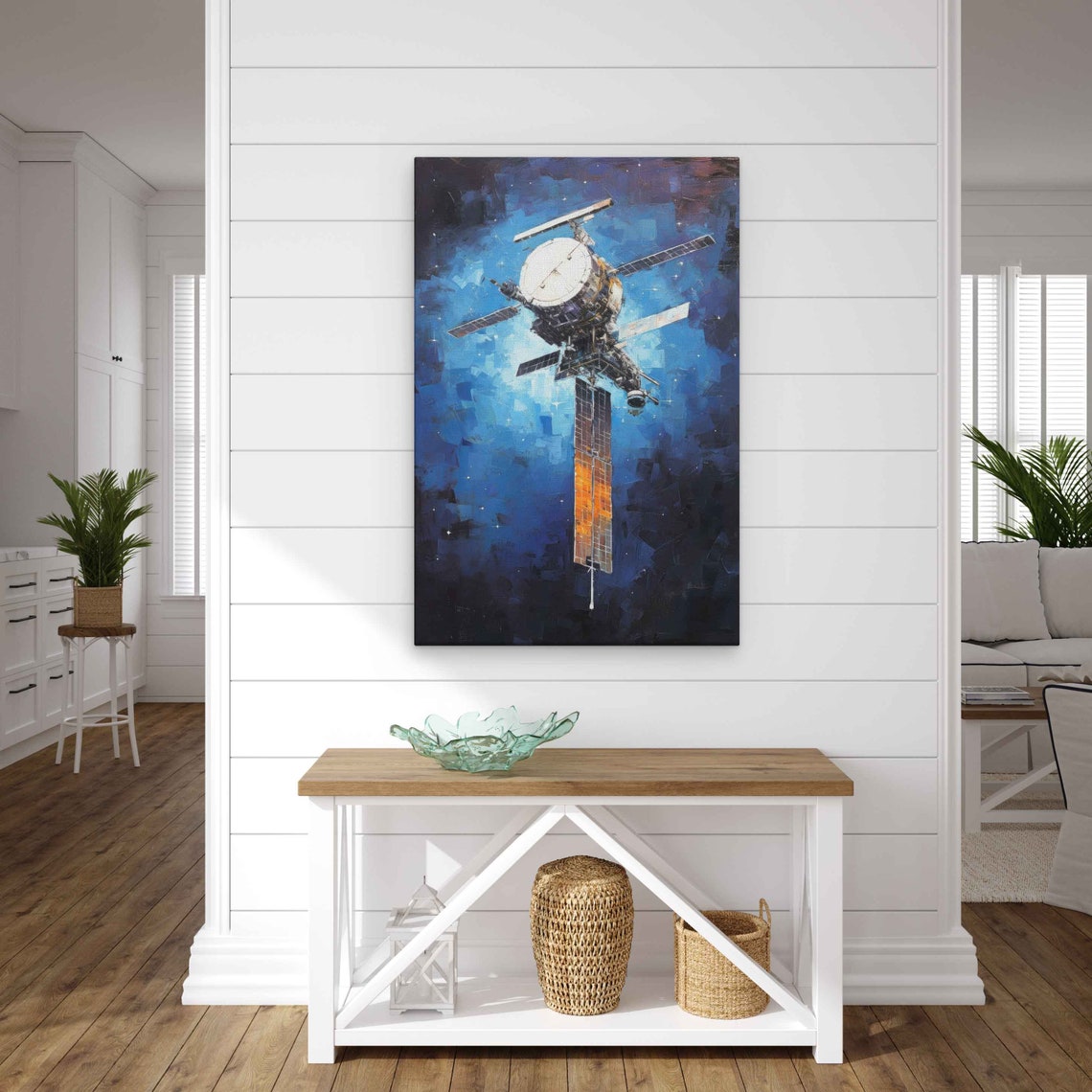 Space Station Orbiting Blue Starry Cosmos Oil Painting Space Art Print - Image 3