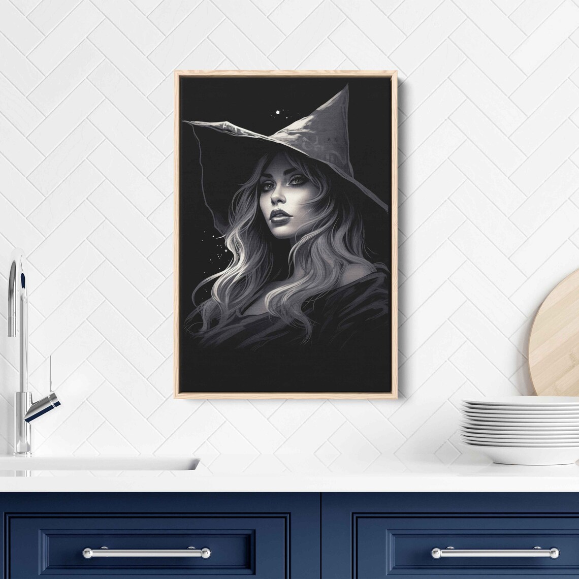 Celestial Witch Portrait Black White Pointed Hat Starry Night Halloween Print - Image 2