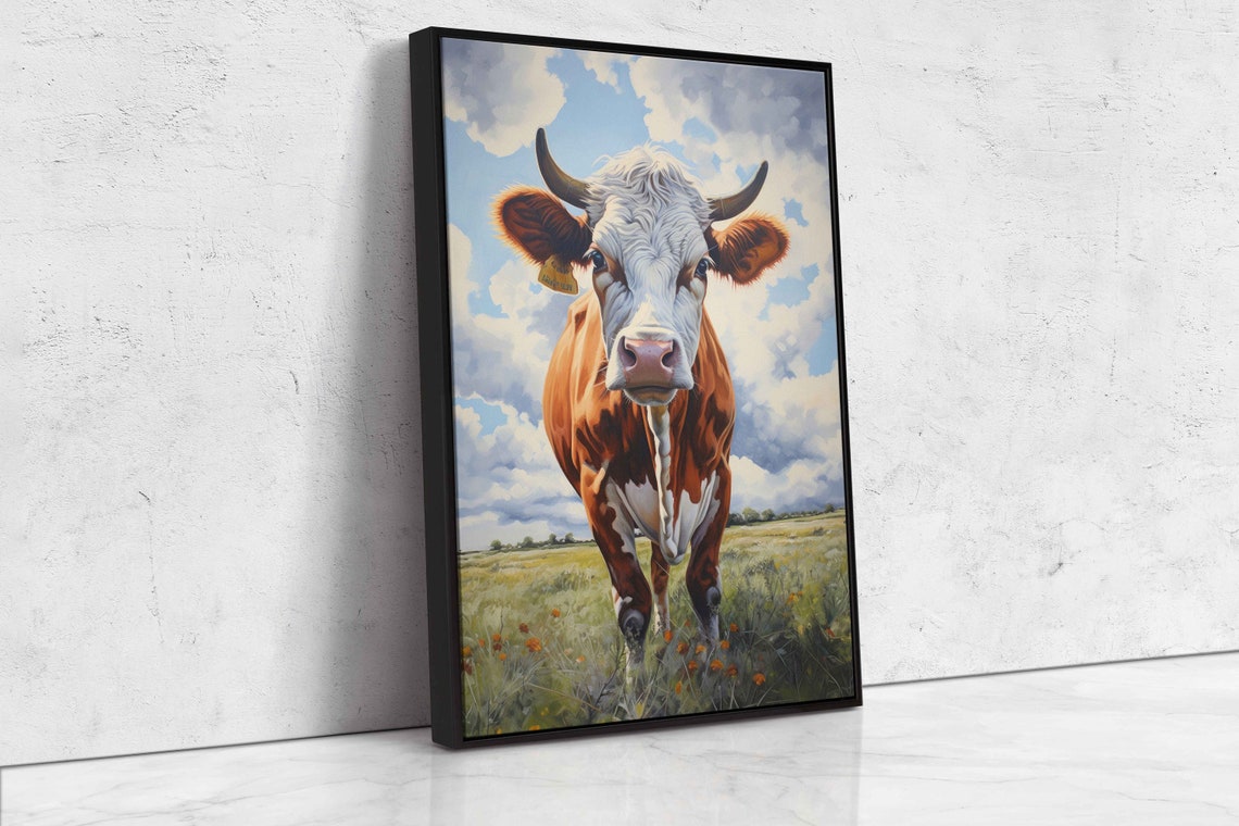 Brown White Dairy Cow Close Up Meadow Blue Sky Farm Animal Poster - Image 4