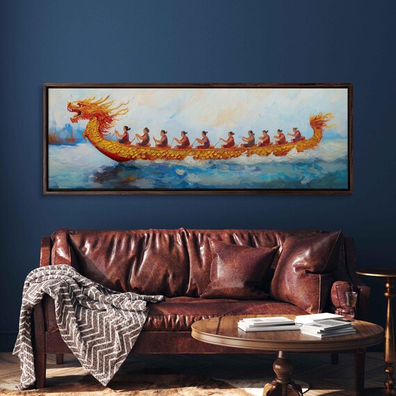 Elegant Dragon Boat Racing Wall Art Print Chinese New Year Decor Thrilling Competition