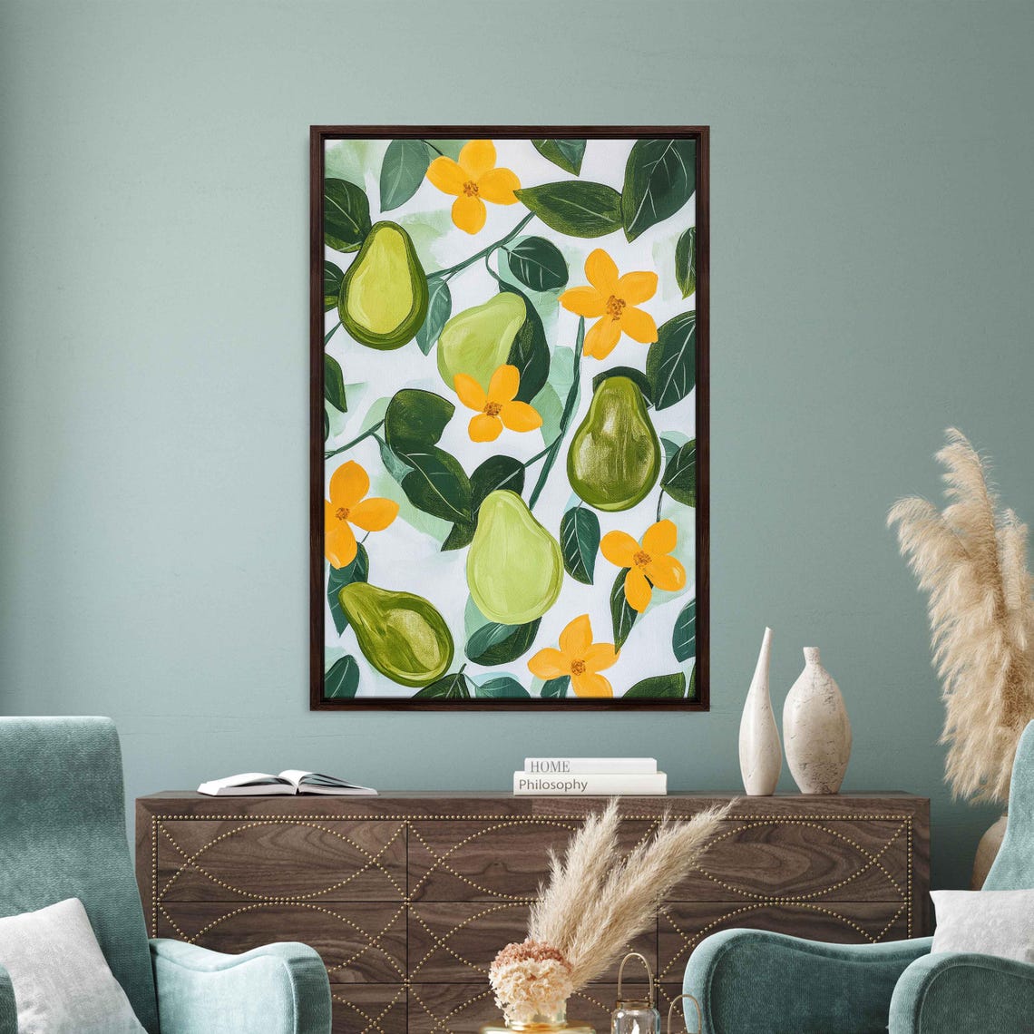 Green Avocados Golden Flowers White Background Modern Fruit Art Poster
