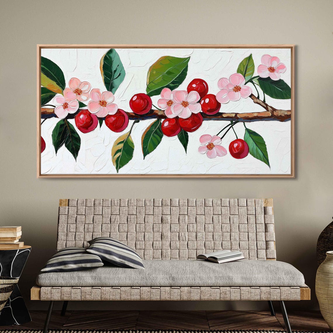 Cherry Branch Red Cherries Pink Blossoms Impasto Oil Kitchen Wall Art