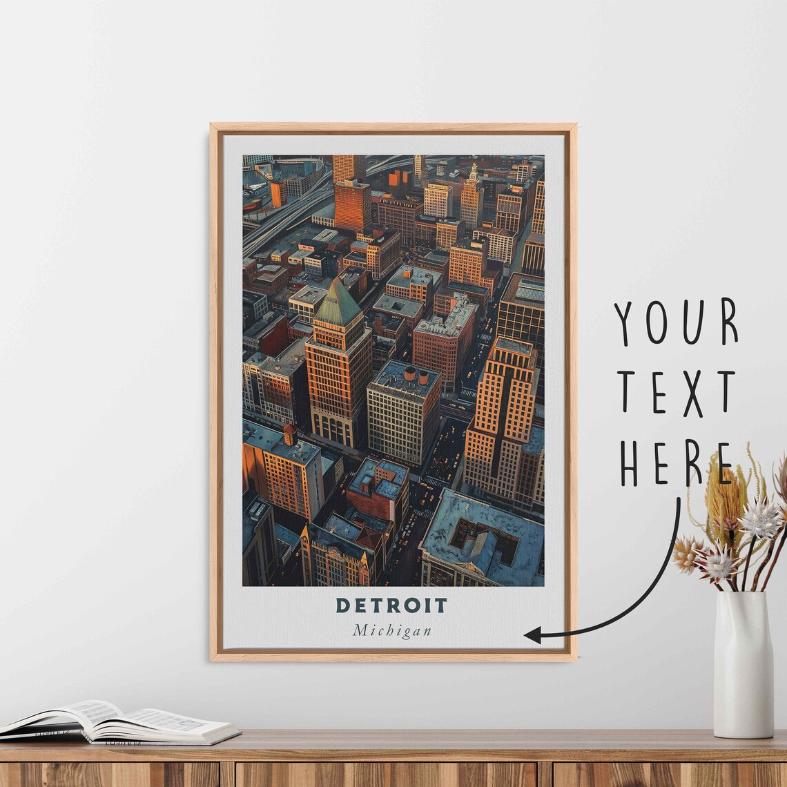 Detroit Michigan Downtown Aerial Golden Sunset Skyline View Poster