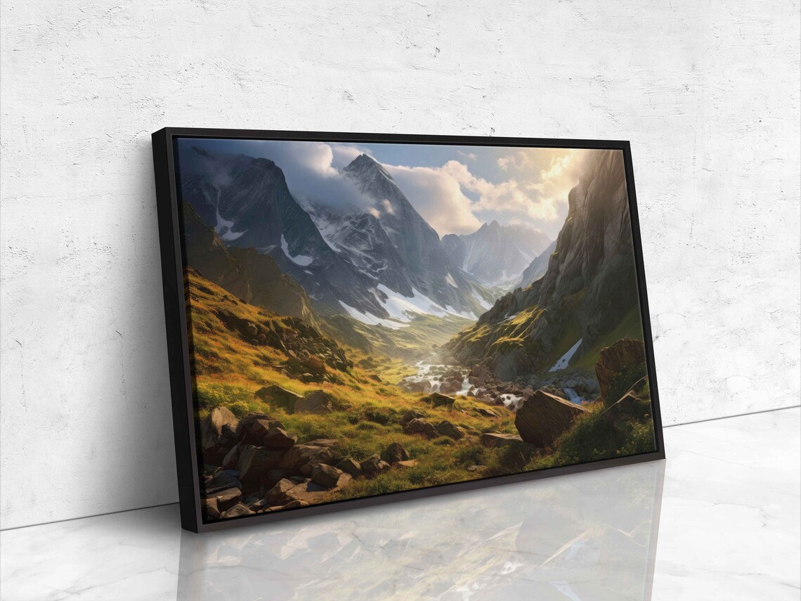 Captivating Sunlit Landscape Scene Green Valley Snowy Mountains Painting Framed Print Ready To Hang - Image 4