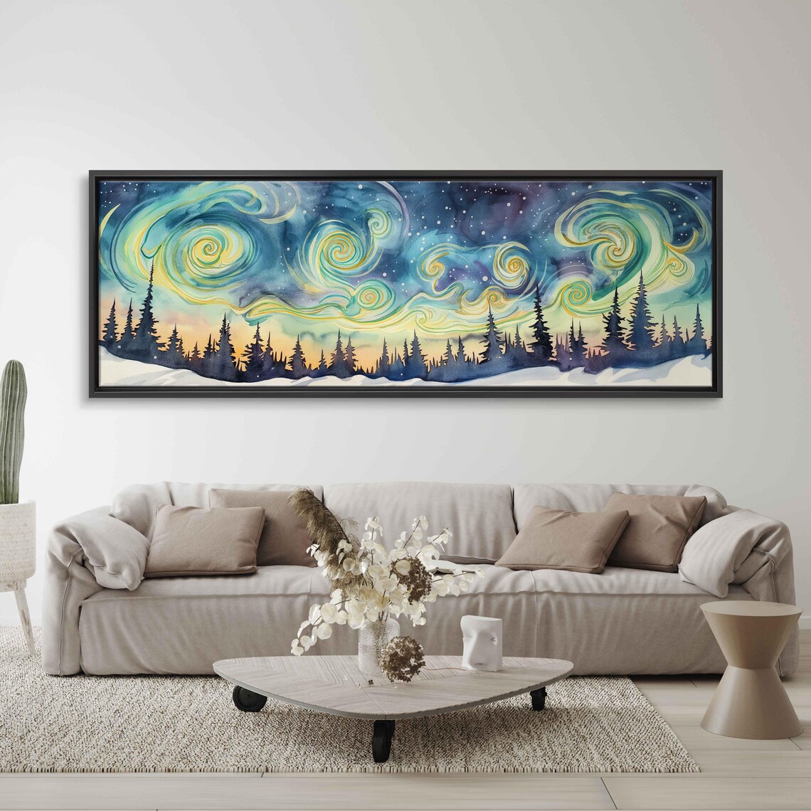 Van Gogh Style Starry Night Sky Over Snowy Pine Forest Watercolor Poster - Image 3