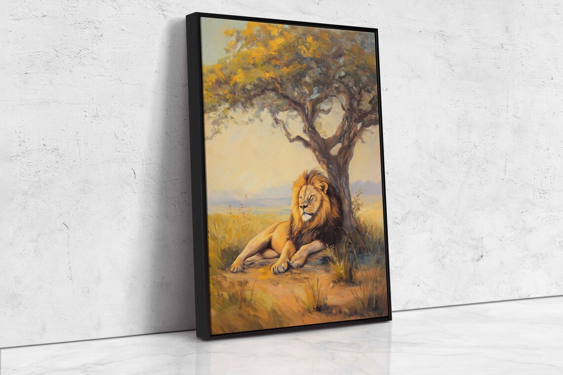 Lion Resting Under Tree Golden Afternoon Light Warm Oil Painting Poster - Image 4
