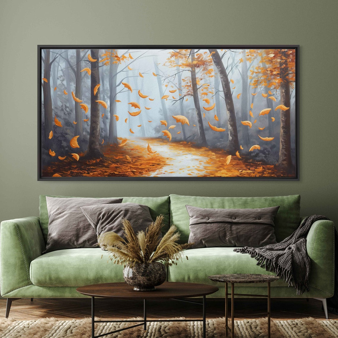 Misty Forest With Falling Golden Leaves Sunlit Clearing Acrylic Poster - Image 3
