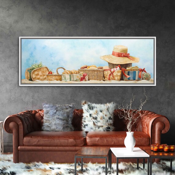 Whimsical Watercolor Beach Picnic Baskets Straw Hat Retro Summer Fun Poster