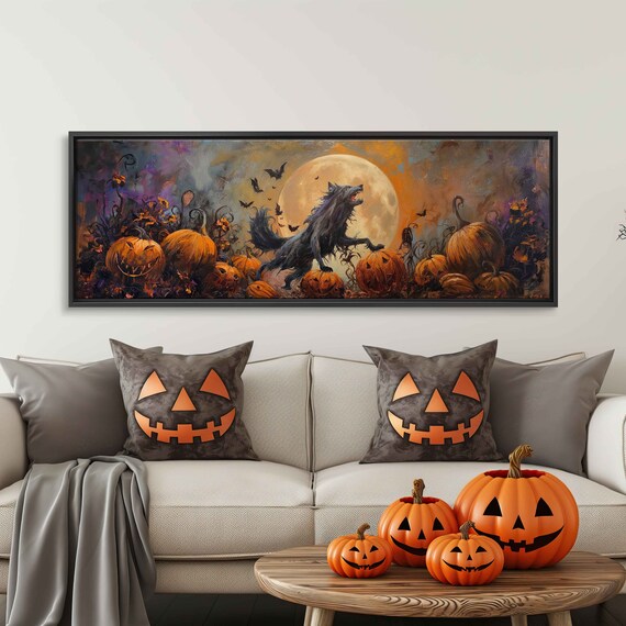 Werewolf Pumpkin Patch Full Moon Bats Spooky Halloween Night Poster