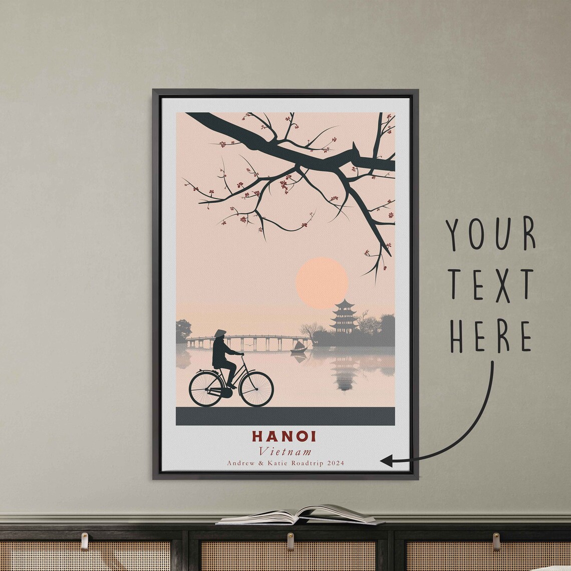 Hanoi Vietnam Cyclist Blossom Pagoda Lake Sunset Travel Poster - Image 3