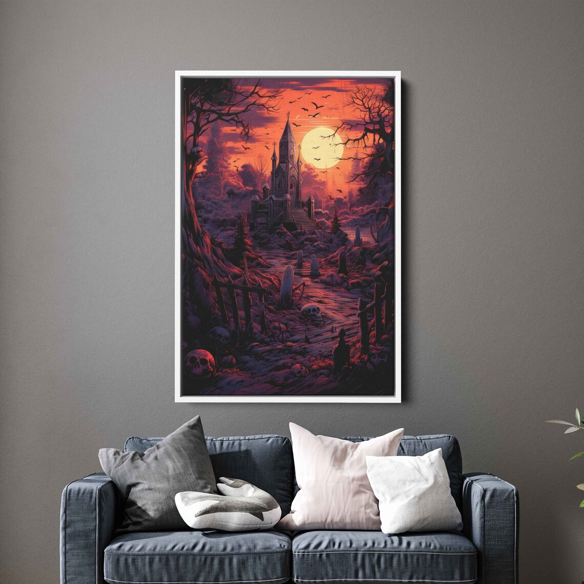 Haunted Gothic Castle Sunset Graveyard Bats Full Moon Halloween Art Print - Image 2