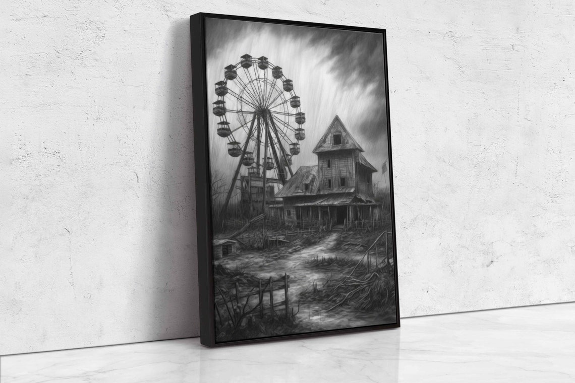 Abandoned Ferris Wheel Charcoal Drawing Black White Farmhouse Print - Image 4