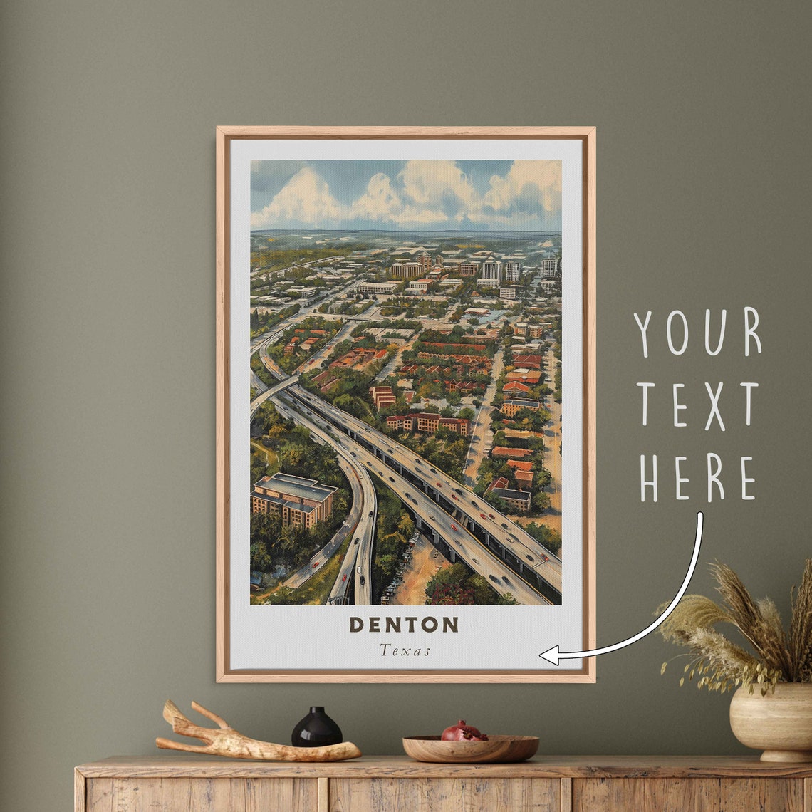 Denton Texas Highway Interchange Aerial Cityscape Travel Poster
