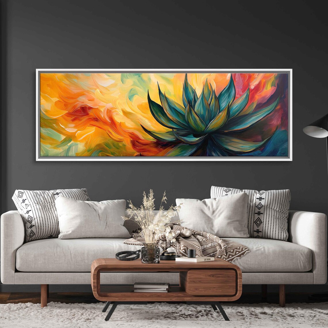 Agave Rosette Against Swirling Orange Red Sunset Sky Panoramic Art Poster - Image 3