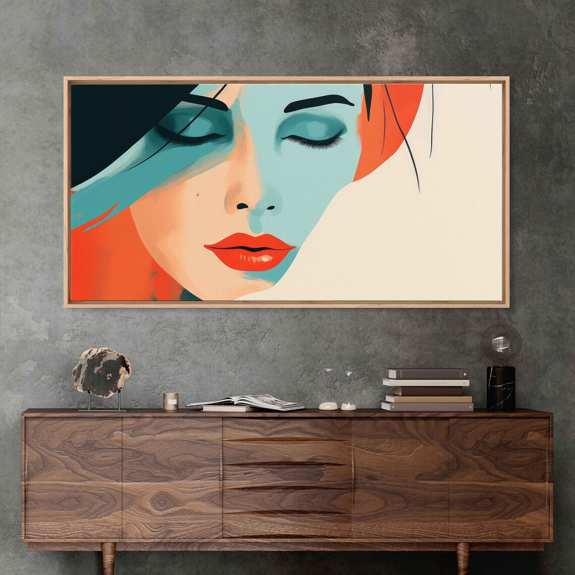 Pop Art Woman Face Teal Orange Closed Eyes Red Lips Fashion Wall Print - Image 2