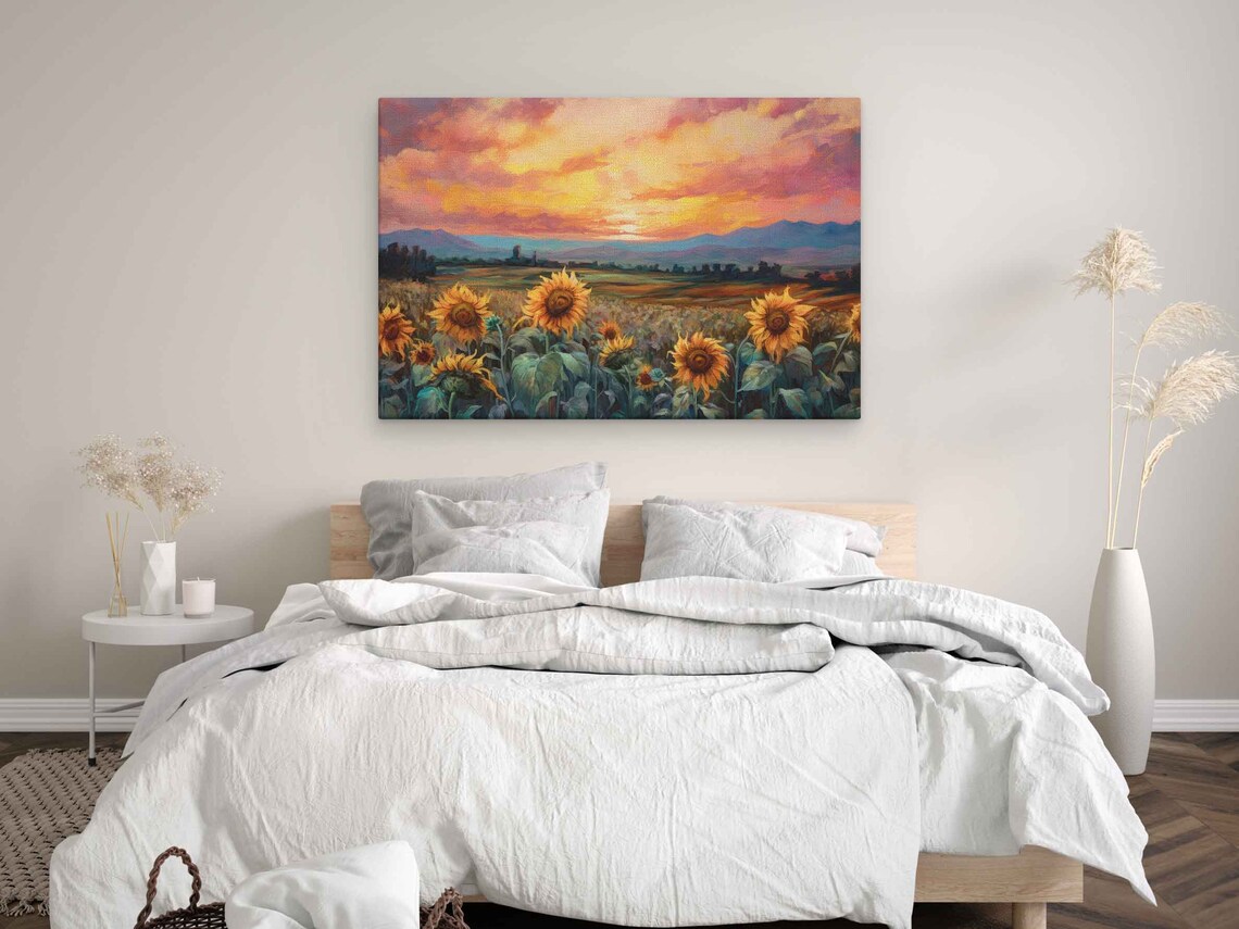 Sunflower Field at Sunset, Oil Painting Art Print - Image 3