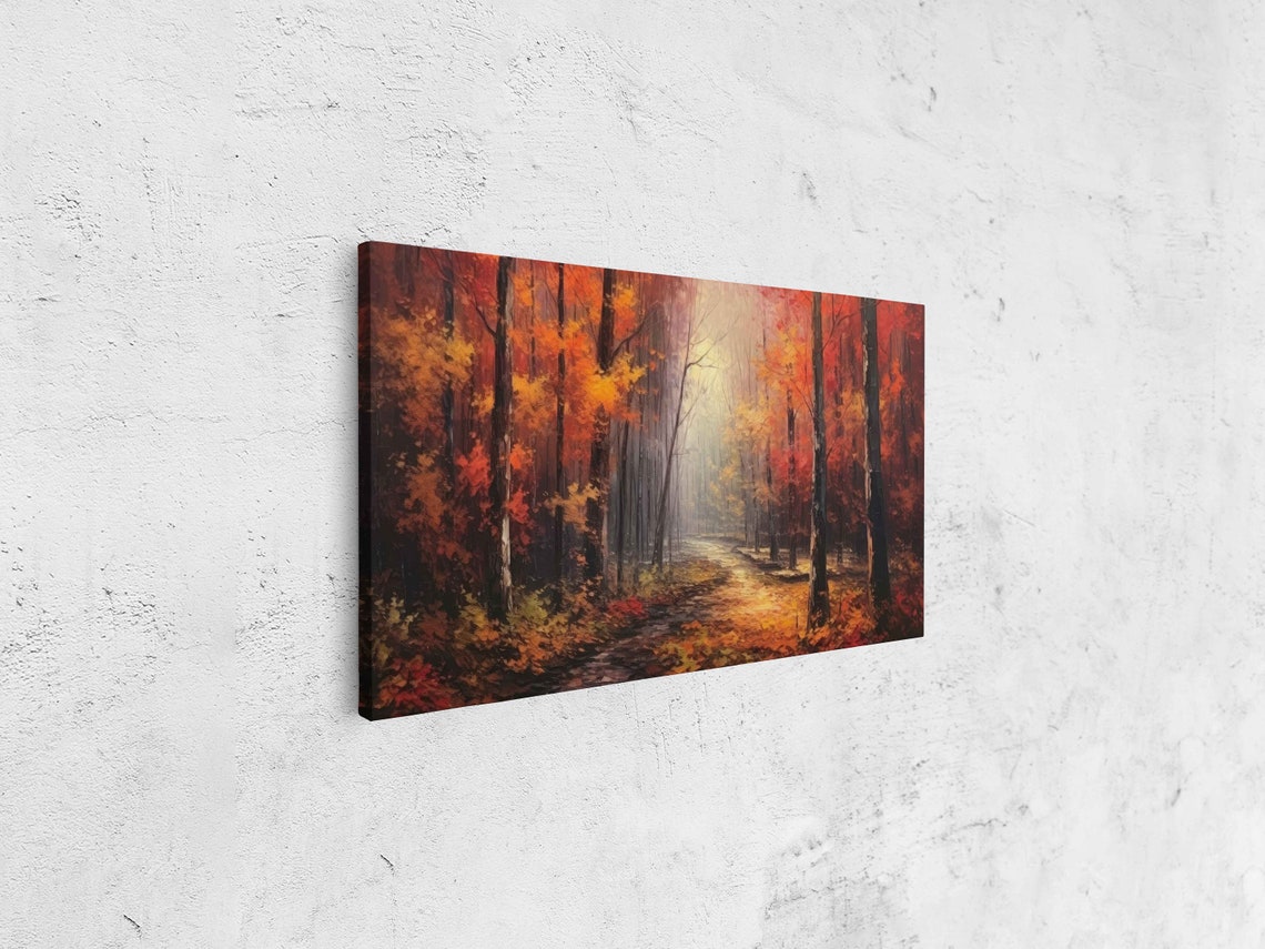 Misty Autumn Forest Path Red Orange Foliage Oil Painting Wall Poster - Image 4