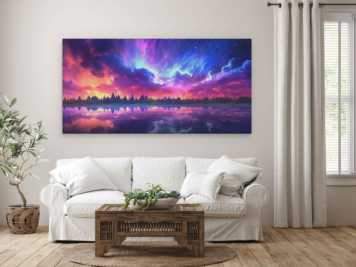 Stunning Cloudy Night Sky Over Lake With Detailed Reflections And Aurora Borealis Print On Ready To Hang - Image 3