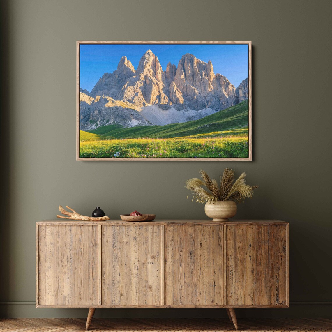 Dolomite Alps At Sunset Breathtaking View Wall Art Print Italian Mountain Range Lush Cliffside Valley Ready To Hang