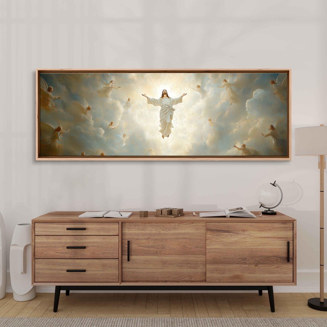 The Ascension Of Jesus With Angels In Soft Clouds Panoramic Art Poster