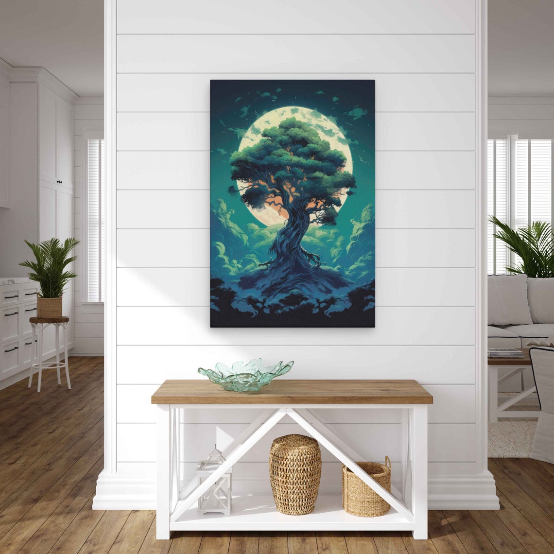 Twisted Ancient Tree Giant Full Moon Teal Clouds Fantasy Night Poster - Image 2