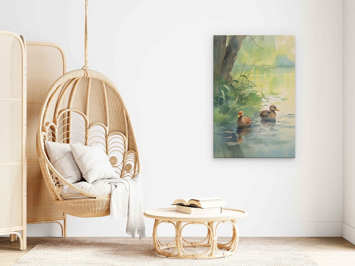 Pair of Ducks Watercolor Pond Riverside Tranquil Lake Scene Art Poster - Image 3
