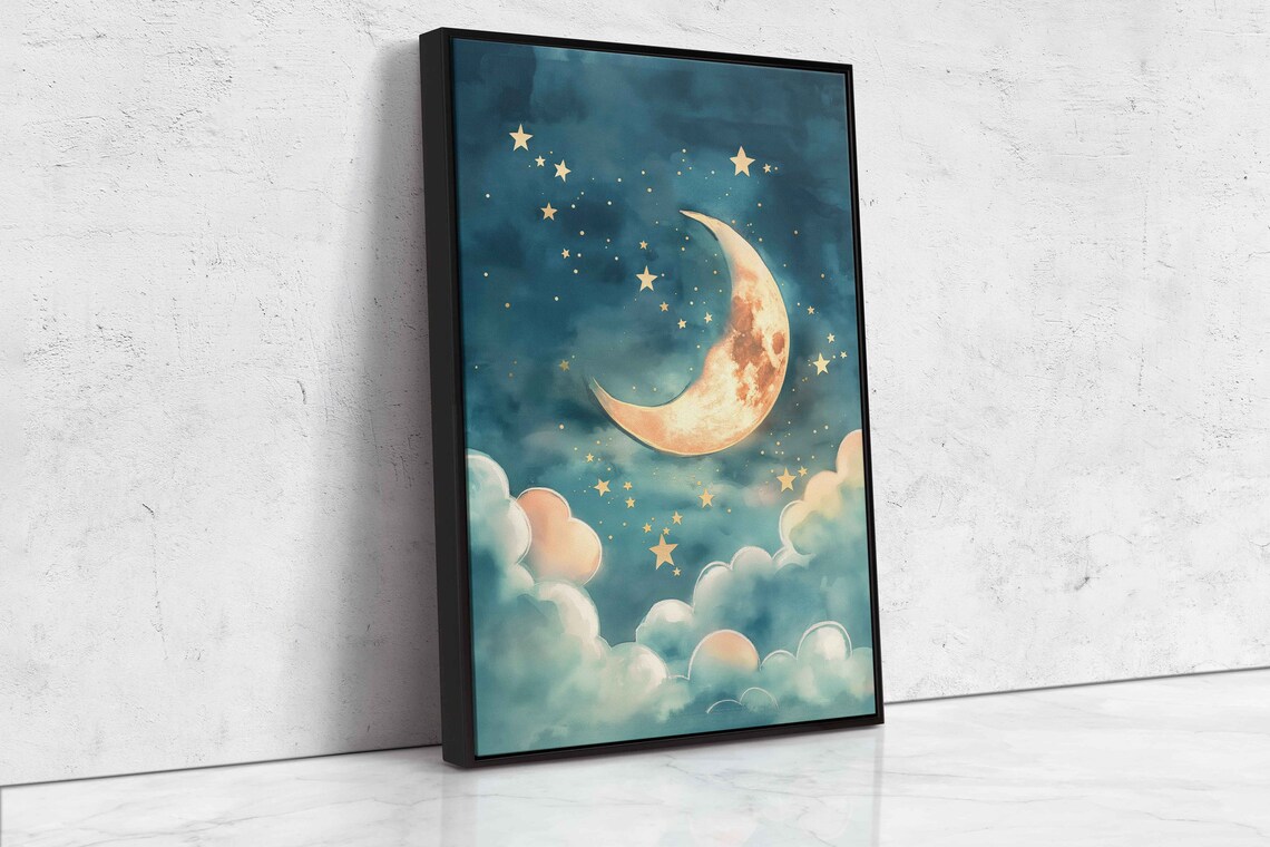 Golden Crescent Moon Starry Night Clouds Dreamy Watercolor Nursery Poster - Image 4