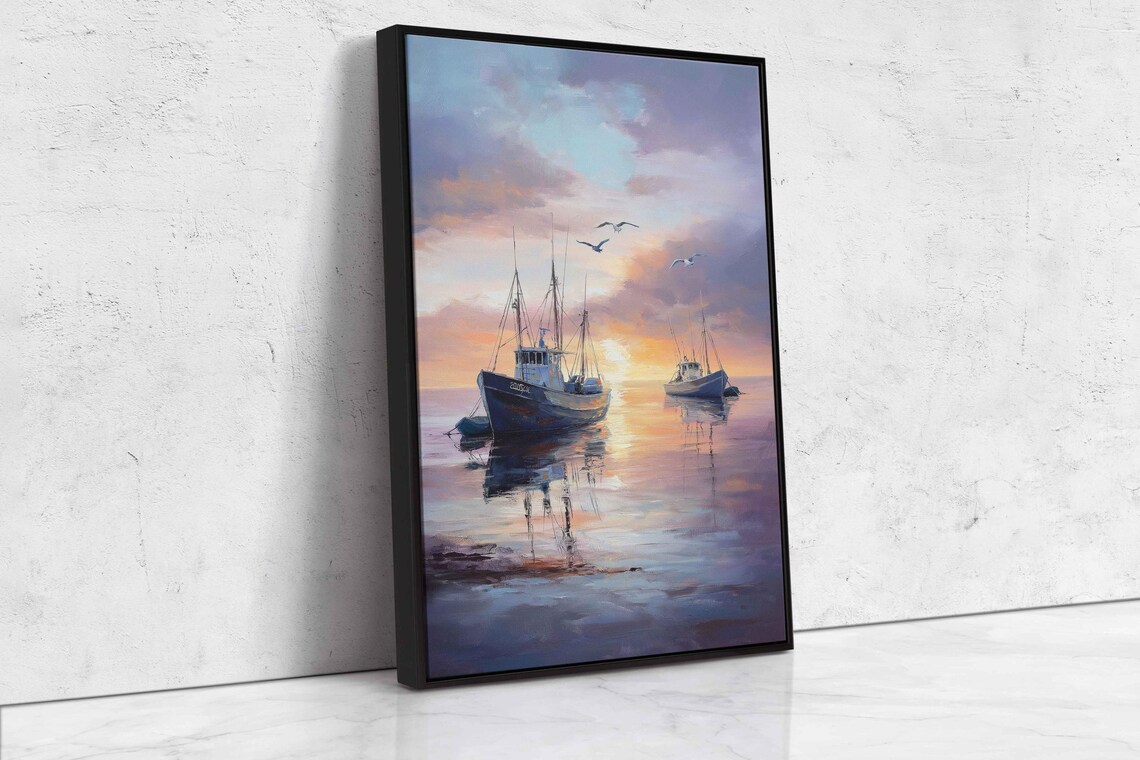 Fishing Boats Sunset Calm Harbor Water Reflection Pastel Sky Poster - Image 4