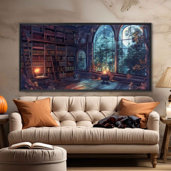 Eerie Old Magical Library With Moonlight Shining On Cauldron Watercolor Wall Art Print Dusty Bookshelves Ready To Hang