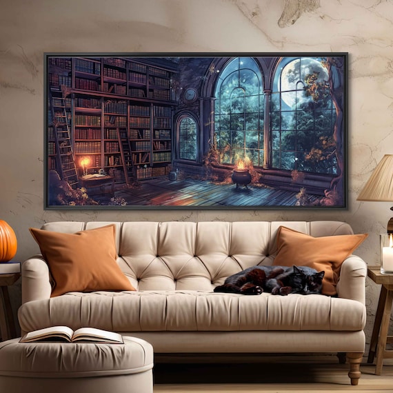 Magical Moonlit Library Cauldron Bookshelves Night Scene Art Print
